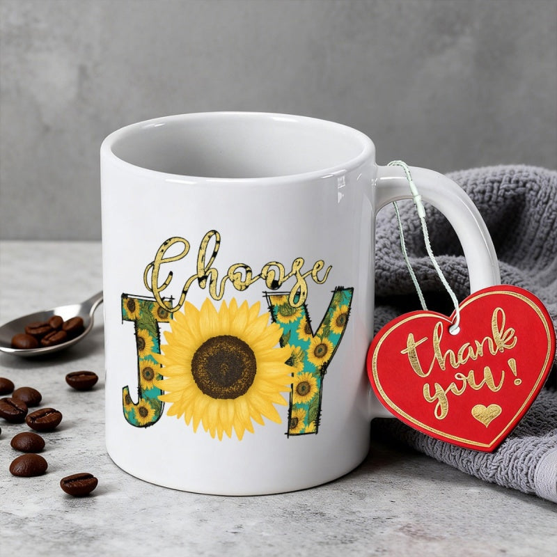 Tailorly White Ceramic 11 oz Mug - Choose Joy Bright Yellow Petals Blooming Within Decorative Patterned Block Letters Sunflower