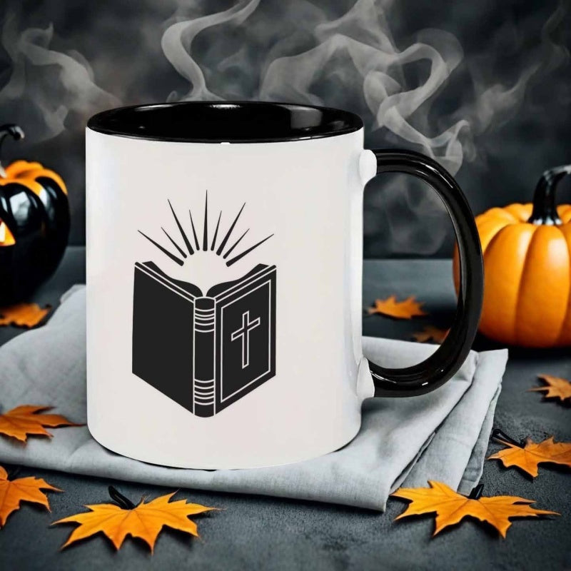 Tailorly Black Accent 11 oz Mug - glowing holy book icon style