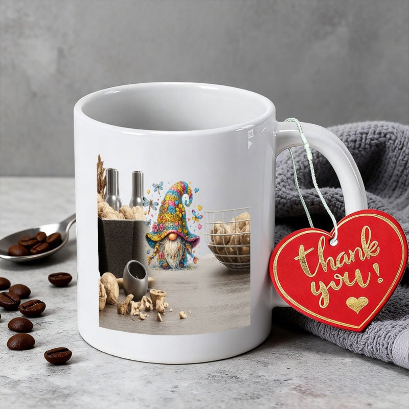 Tailorly White Ceramic 11 oz Mug - Whimsical Garden Character Wearing Colorful Decorated Pointed Hat Among Tiny Details Gnome