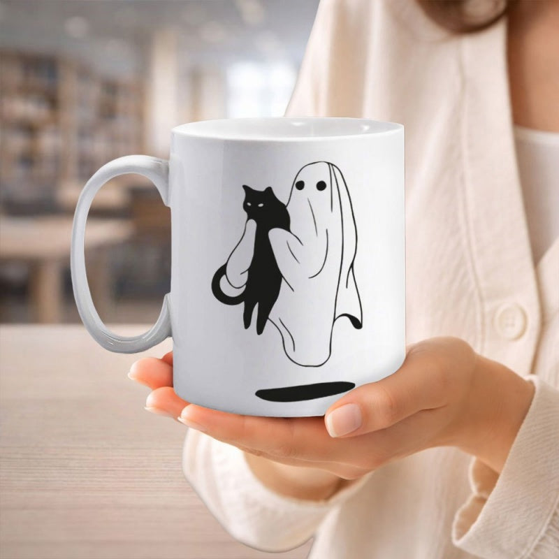 Tailorly White Ceramic 11 oz Mug - Spooky Minimalist Floating White Sheet Spirit Gently Holding A Little Black Cat