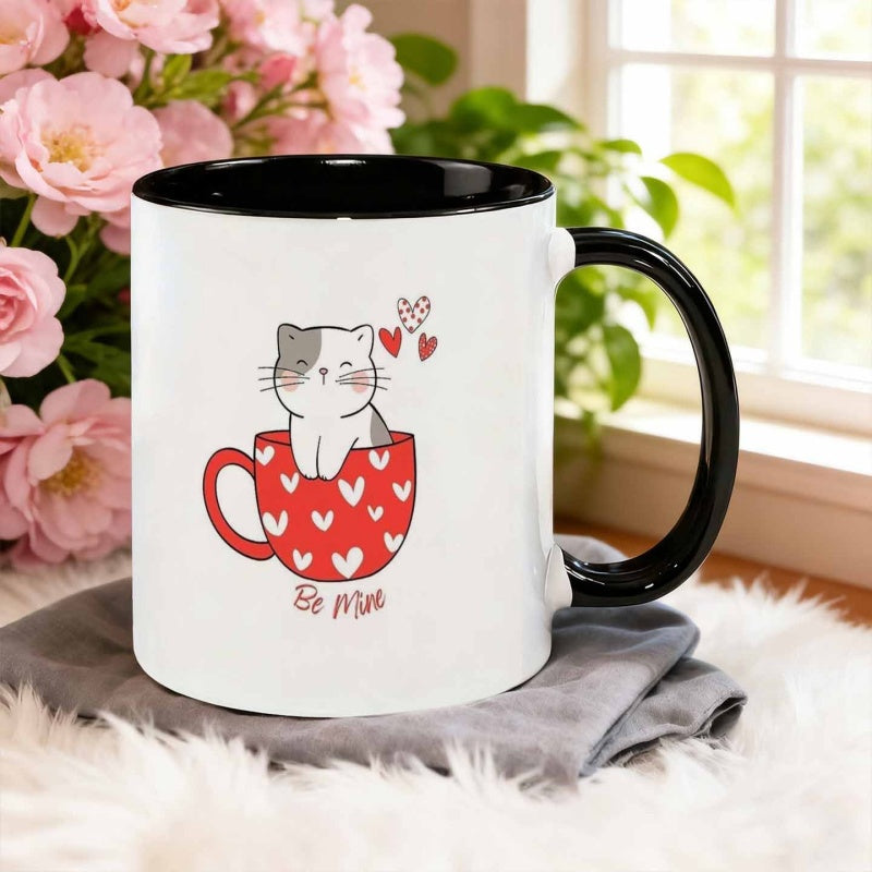 Tailorly Black Accent 11 oz Mug - adorable cat with a cup