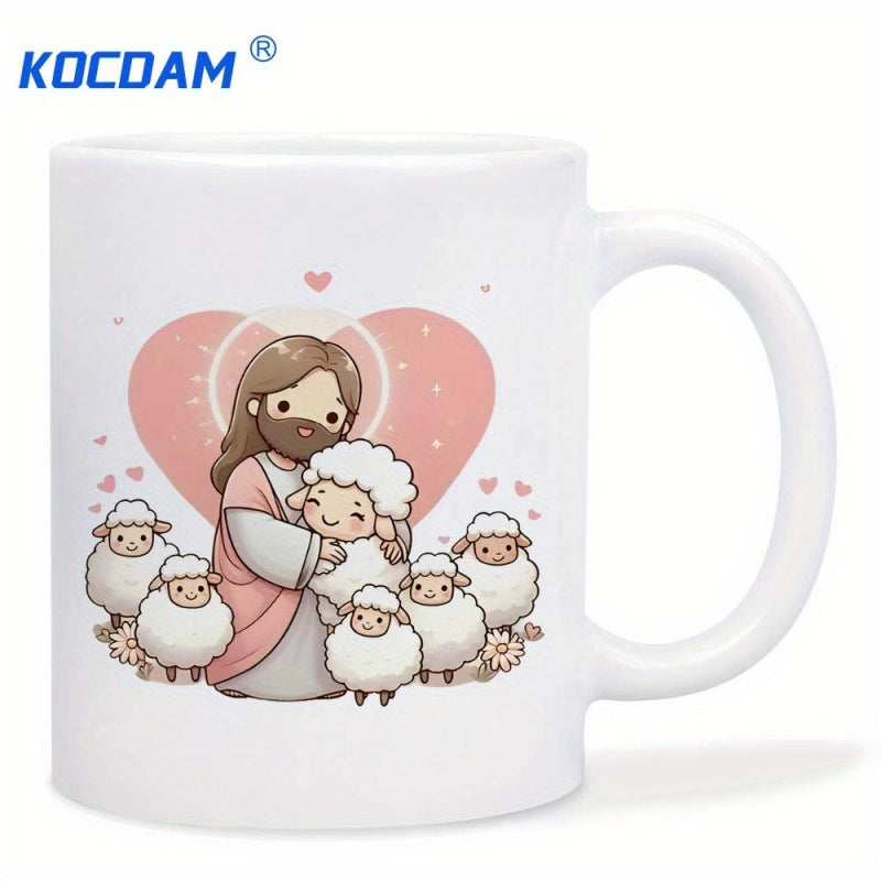 Tailorly White Ceramic 11 oz Mug - Caring Shepherd Holding Little Lamb Among Cute Fluffy White Sheep Jesus