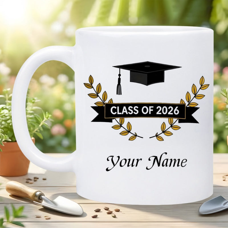 Tailorly White Ceramic 11 oz Mug - Class Of 2026 Your Name Classic Graduation Cap With Golden Laurel Wreath Under Bright Sunlight Mug