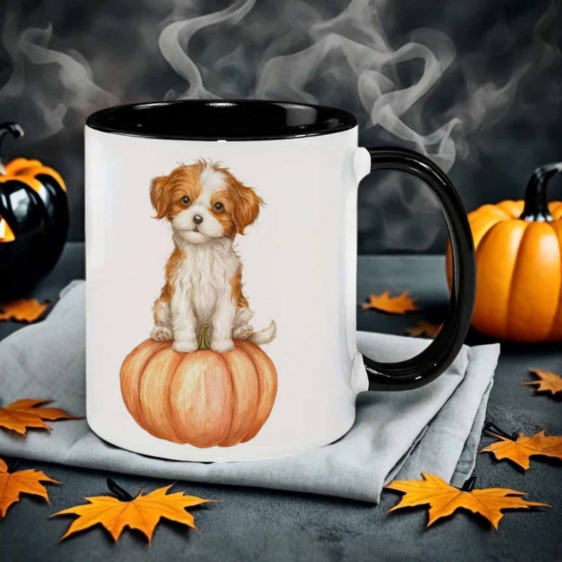 Tailorly Black Accent 11 oz Mug - puppy in watercolor style with pumpkin