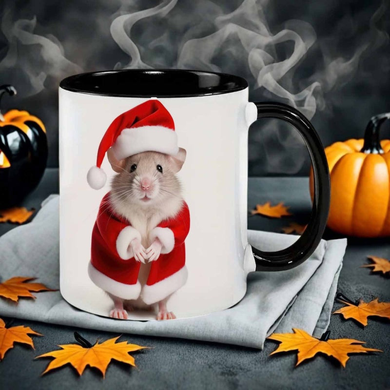 Tailorly Black Accent 11 oz Mug - christmas hamster with santa hat and red sweater