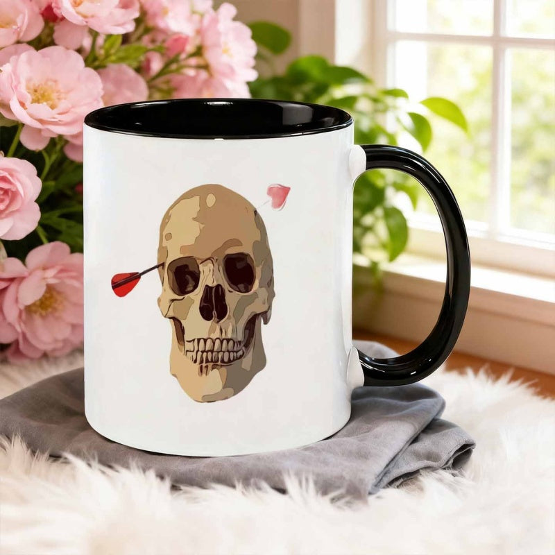 Tailorly Black Accent 11 oz Mug - cartoon style skeleton with a heart arrow