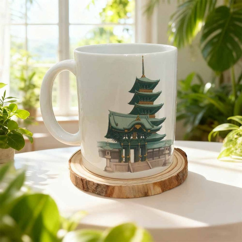 Tailorly White Ceramic 11 oz Mug - Traditional Ancient Japanese Temple Architecture Standing Among Scenic Serene Landscape Pagoda