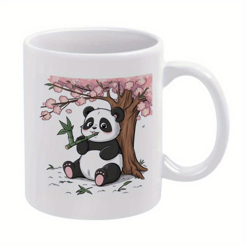 Tailorly White Ceramic 11 oz Mug - Cute Cartoon Animal Eating Bamboo Under Pink Flowering Tree Panda