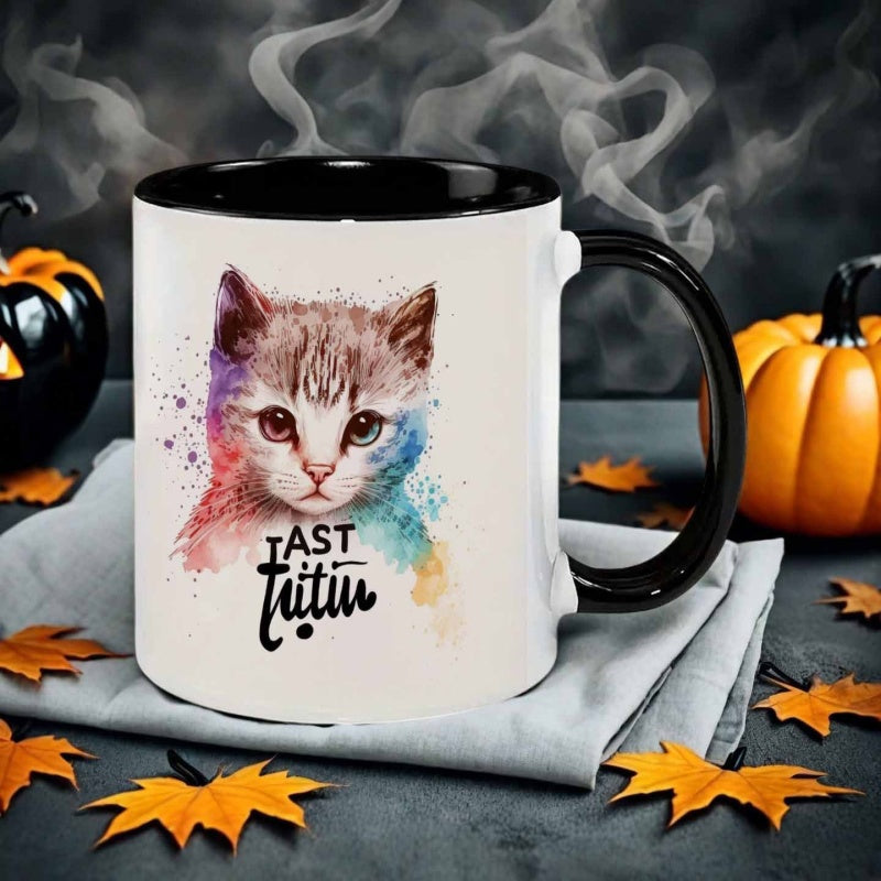 Tailorly Black Accent 11 oz Mug - watercolor style cat with heterochromatic eyes