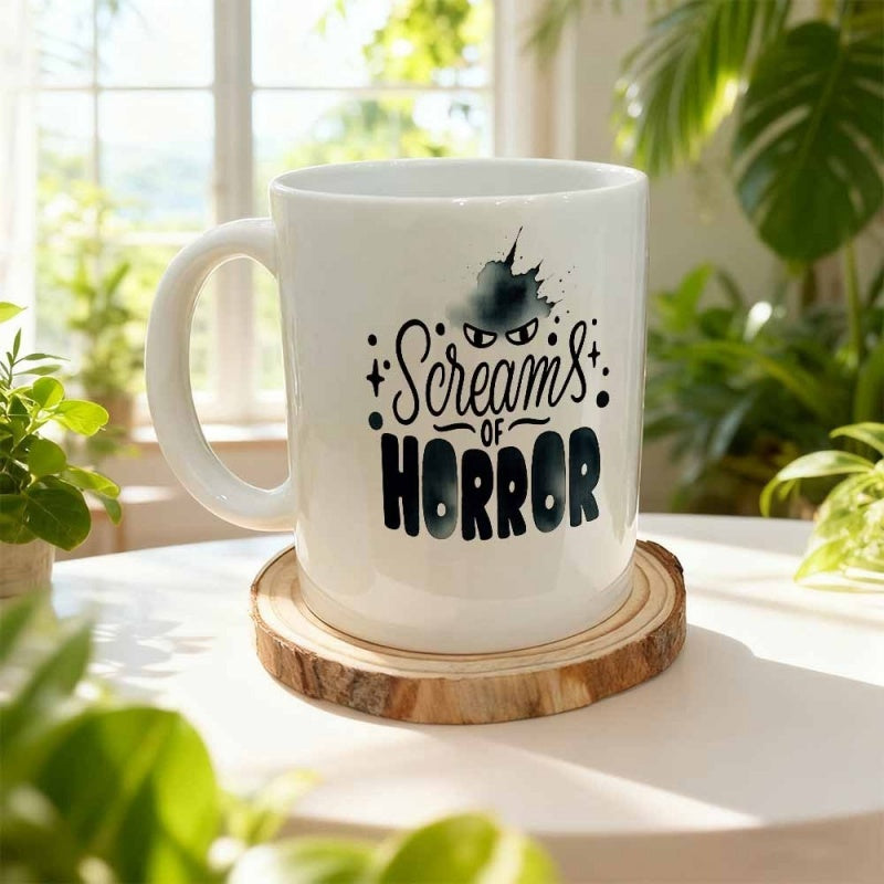 Tailorly White Ceramic 11 oz Mug - Screams Of Horror Menacing Eyes Peeking From Dark Splashes On A Pure