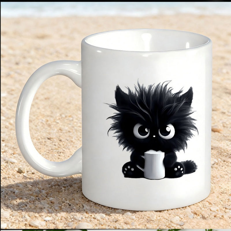 Tailorly White Ceramic 11 oz Mug - Adorable Fluffy Black Monster Holding Small White Cup With Large Bright Eyes Creature