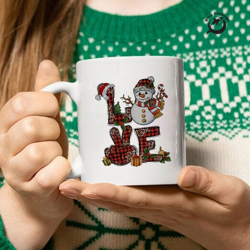 Tailorly White Ceramic 11 oz Mug - Love Buffalo Plaid Letters Featuring Gifts And Festive Santa Hat Snowman