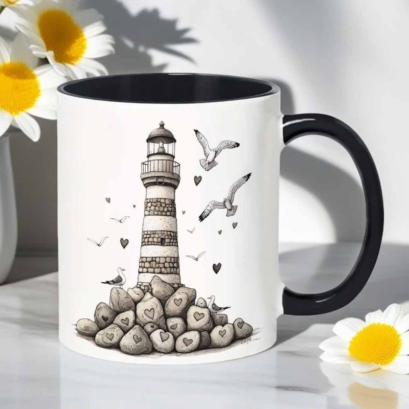 Tailorly Black Accent 11 oz Mug - nautical lighthouse with hearts design