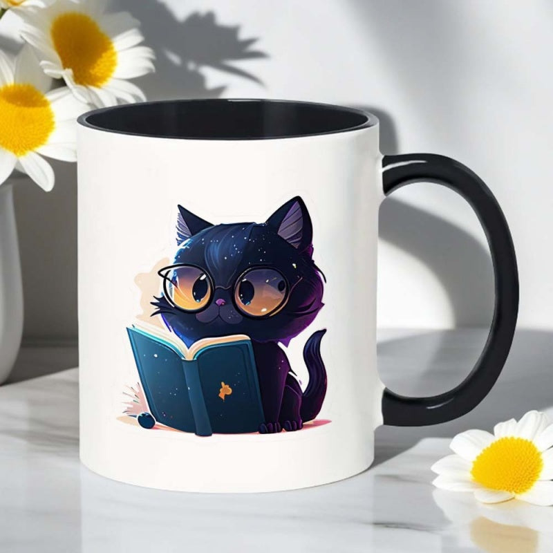 Tailorly Black Accent 11 oz Mug - book loving cat