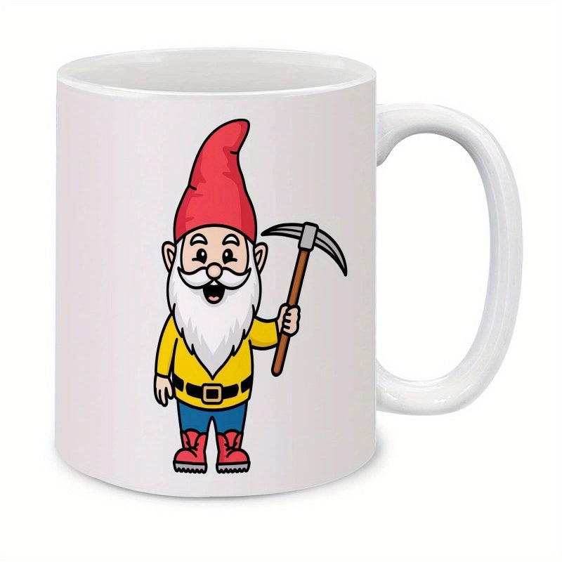 Tailorly White Ceramic 11 oz Mug - Smiling Cartoon Miner With Red Pointed Hat Carrying Heavy Pickaxe Gnome