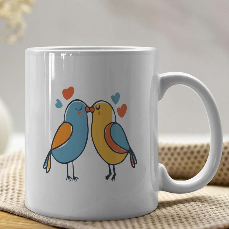 Tailorly White Ceramic 11 oz Mug - Two Cartoon Birds Kissing Under Floating Colorful Hearts Loving Bird