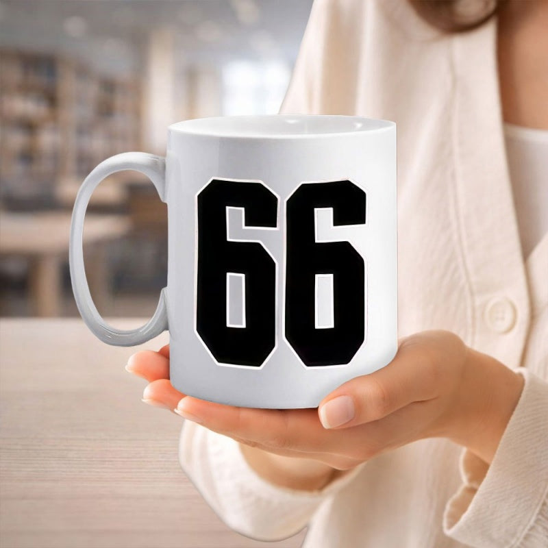 Tailorly White Ceramic 11 oz Mug - 66 Large Bold Black Athletic Style Font Numerals Printed On Ceramic Number