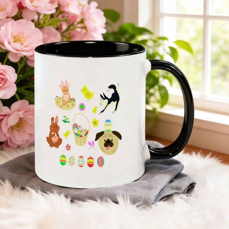 Tailorly Black Accent 11 oz Mug - flat cartoon style with easter eggs