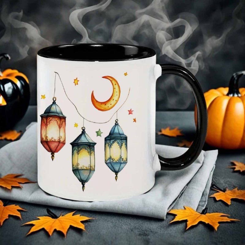 Tailorly Black Accent 11 oz Mug - watercolor style star moon lantern