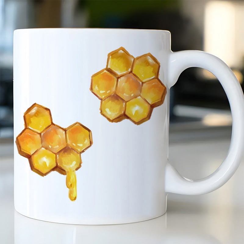Tailorly White Ceramic 11 oz Mug - Golden Watercolor Hexagons With Sweet Dripping Nectar From A Natural Honeycomb