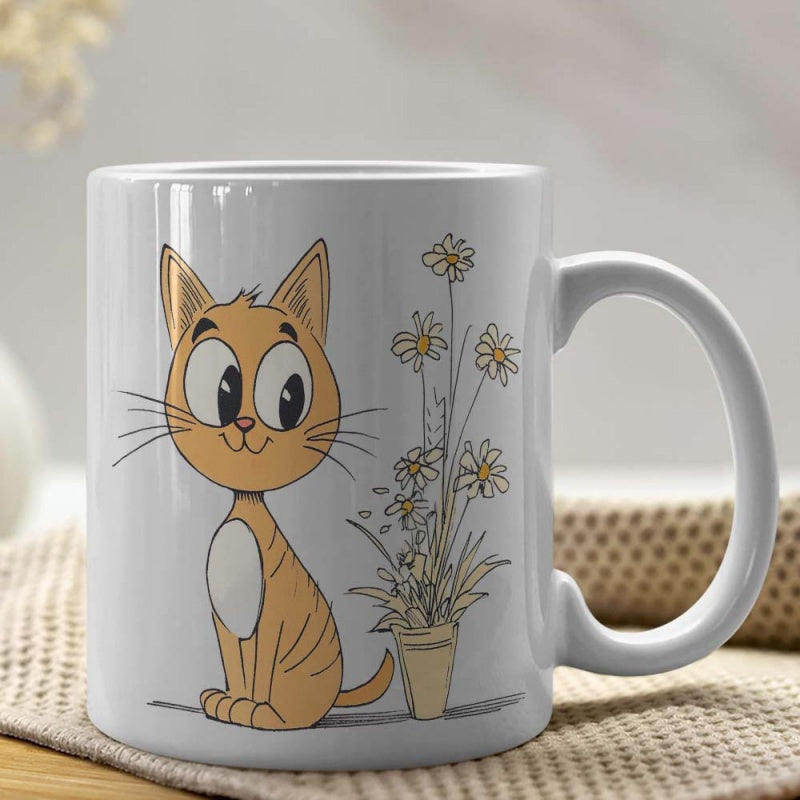 Tailorly White Ceramic 11 oz Mug - Cute Orange Cartoon Kitty Sitting Beside Potted White Daisy Flowers Cat
