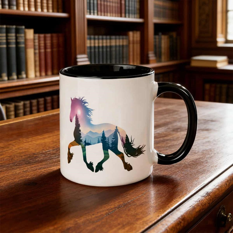 Tailorly Black Accent 11 oz Mug - horse mountain print