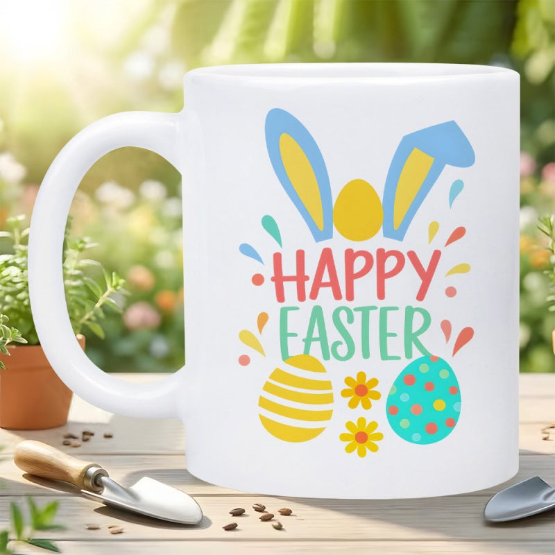 Tailorly White Ceramic 11 oz Mug - Happy Easter Colorful Bunny Ears With Decorated Eggs And Small Flowers Bunny