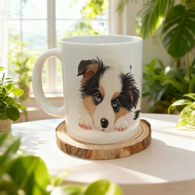 Tailorly White Ceramic 11 oz Mug - Adorable Fluffy Border Collie Resting Paws Among Lush Green Plants Puppy