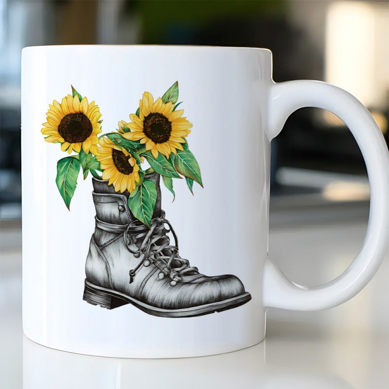 Tailorly White Ceramic 11 oz Mug - Rustic Vintage Style Featuring Vibrant Yellow Sunflowers Inside A Sturdy Work Boot