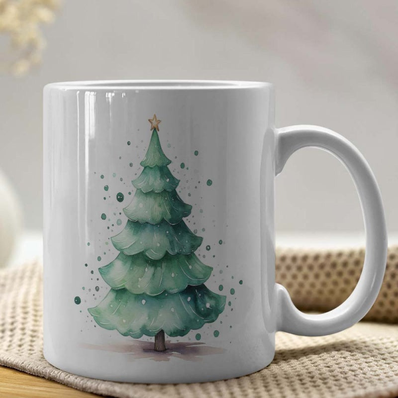 Tailorly White Ceramic 11 oz Mug - Elegant Watercolor Green Pine With Golden Top Star And Snowflakes Tree