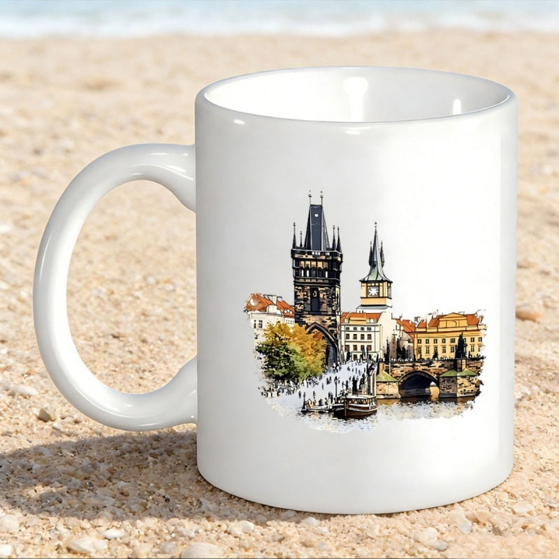 Tailorly White Ceramic 11 oz Mug - Scenic Historic Gothic Towers Spanning Across The Calm River Surface Landmark