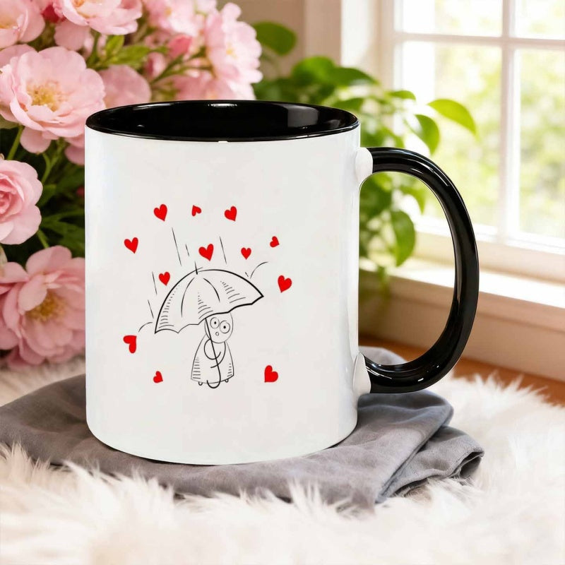 Tailorly Black Accent 11 oz Mug - little figure holding umbrella against heart rain