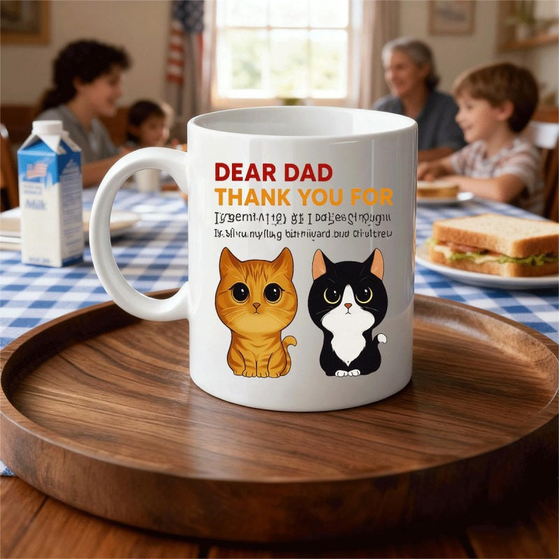 Tailorly White Ceramic 11 oz Mug - Dear Dad Thank You For Two Cute Cartoon Kittens Sitting Peacefully Together Under Sweet Text Cats