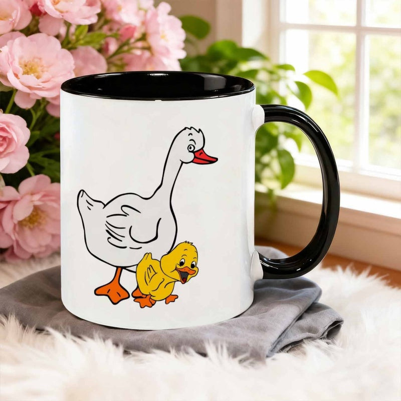 Tailorly Black Accent 11 oz Mug - cartoon style goose accompanied by small yellow ducks