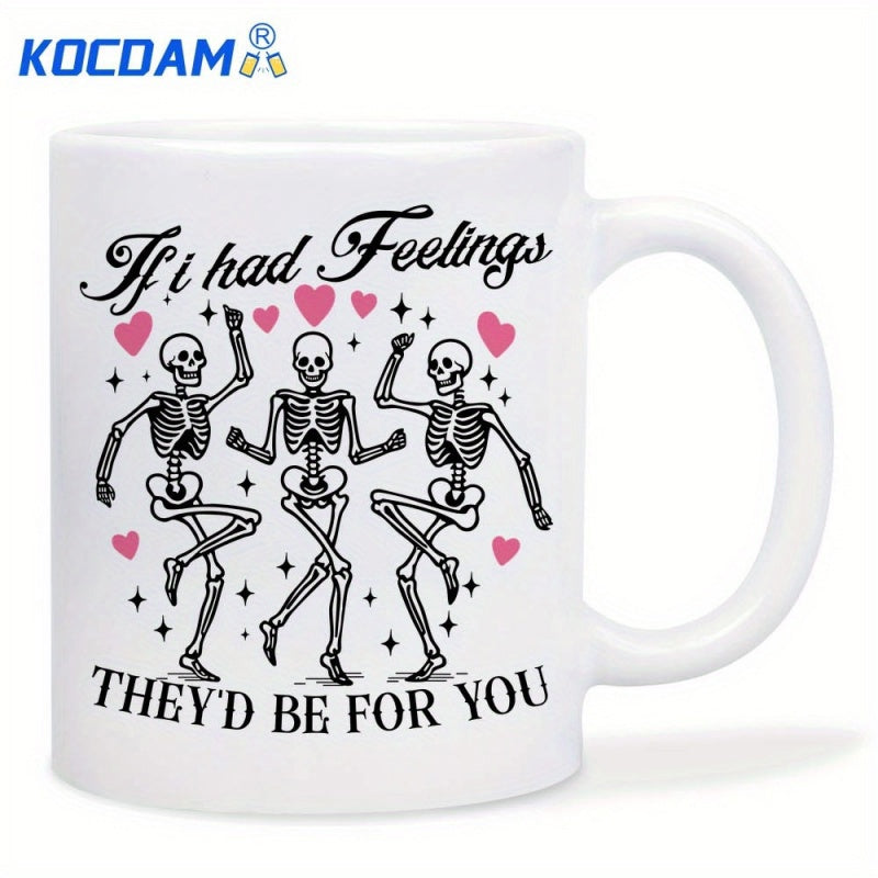 Tailorly White Ceramic 11 oz Mug - If I Had Feelings Theyd Be For You Dancing Human Skeletons Surrounded By Pink Hearts And Small Twinkling Stars Skeleton