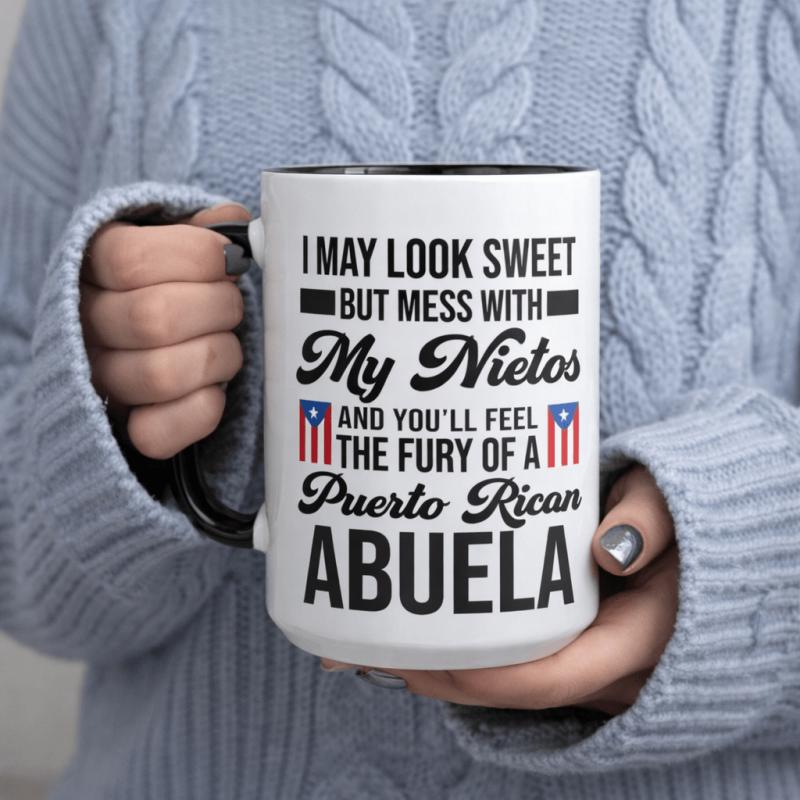Tailorly Black Accent 11 oz Mug - i may look sweet but mess with my nietos and youll feel the fury of a puerto rican text
