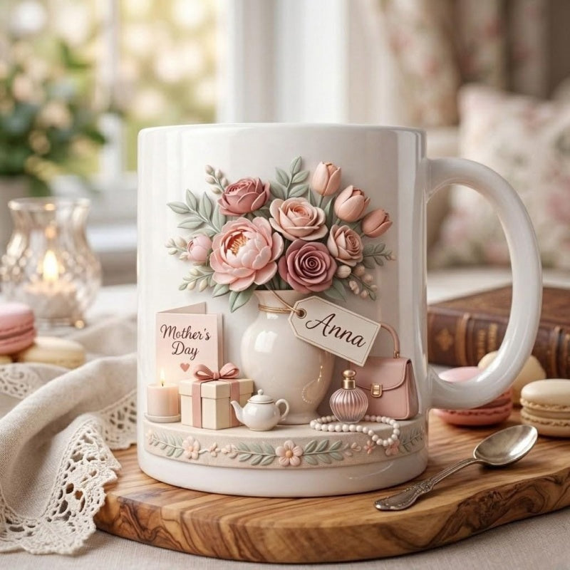 Tailorly White Ceramic 11 oz Mug - Mother's Day Anna Elegant Pink Flowers In Ceramic Vase With Gift Box Mug