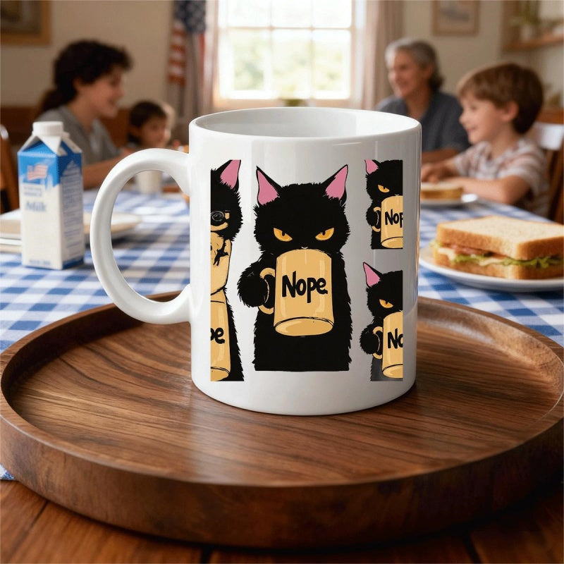 Tailorly White Ceramic 11 oz Mug - Nope Grumpy Black Furry Feline Holding Coffee Mug With Attitude Cat