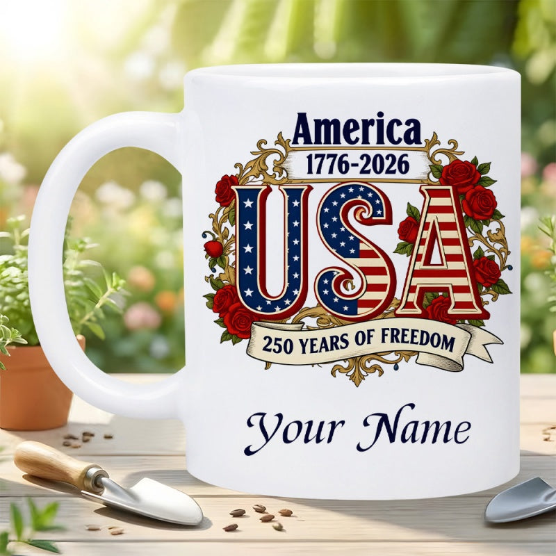 Tailorly White Ceramic 11 oz Mug - America 1776 2026 USA 250 Years Of Freedom Your Name Patriotic Letters Decorated With Vintage Red Roses In Golden Frame Flag
