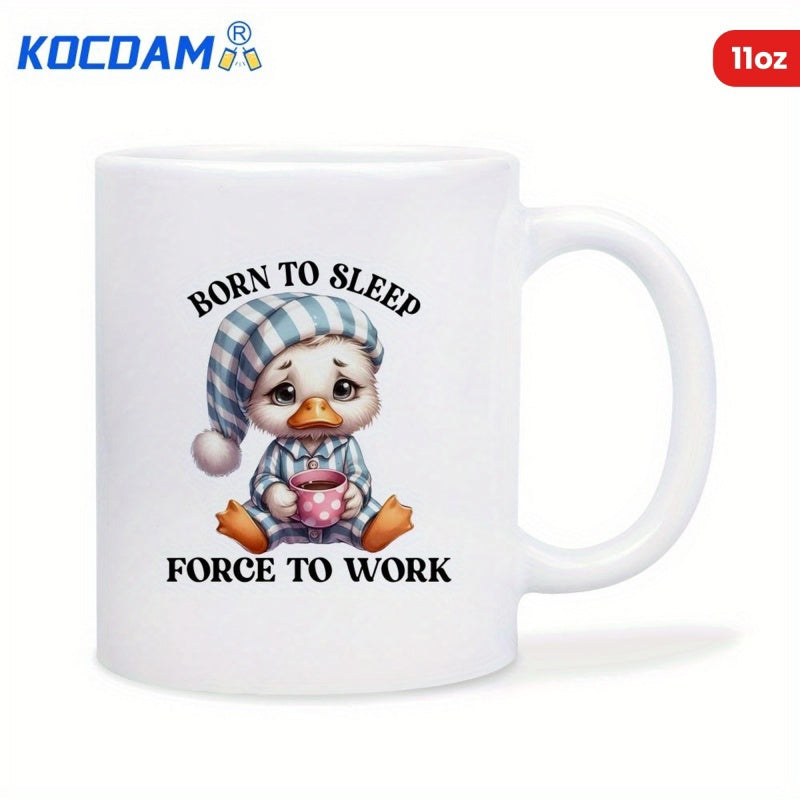 Tailorly White Ceramic 11 oz Mug - Born To Sleep Force To Work Weary Little Duckling Wearing Striped Pajamas Holding A Coffee Mug Duckling