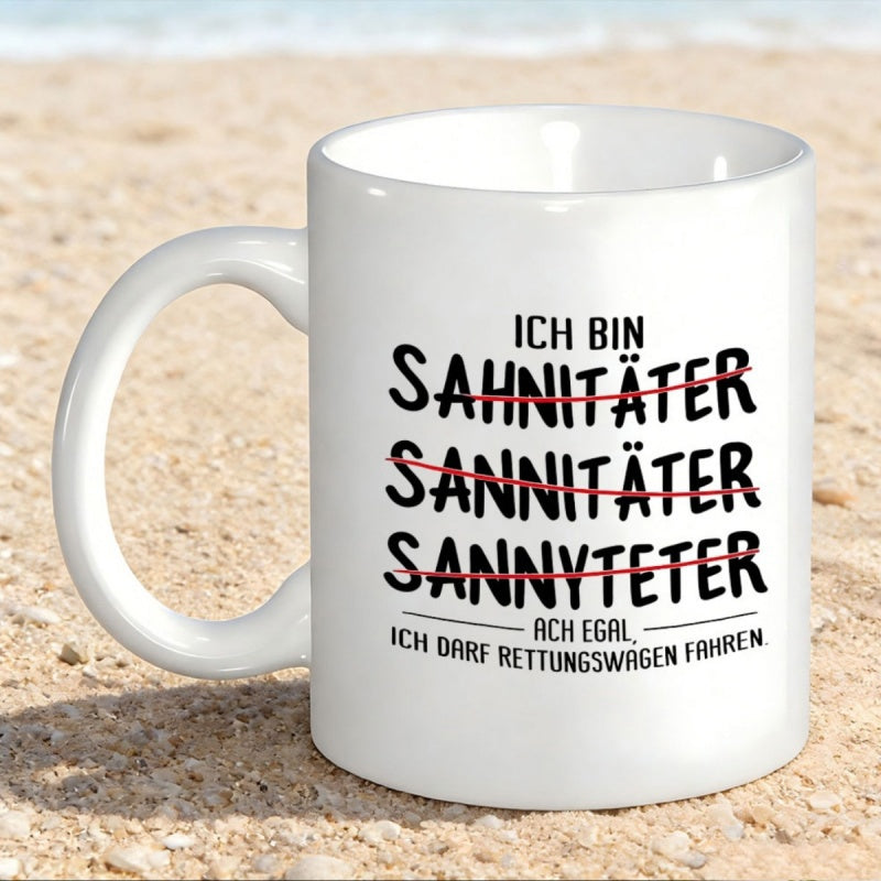 Tailorly White Ceramic 11 oz Mug - Clean White Ceramic Cup Resting On The Warm Golden Sand Mug