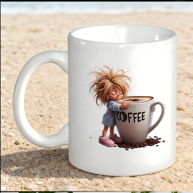 Tailorly White Ceramic 11 oz Mug - Coffee Small Messy Haired Character Hugging Large Steaming Cup On Sandy Beach Mug