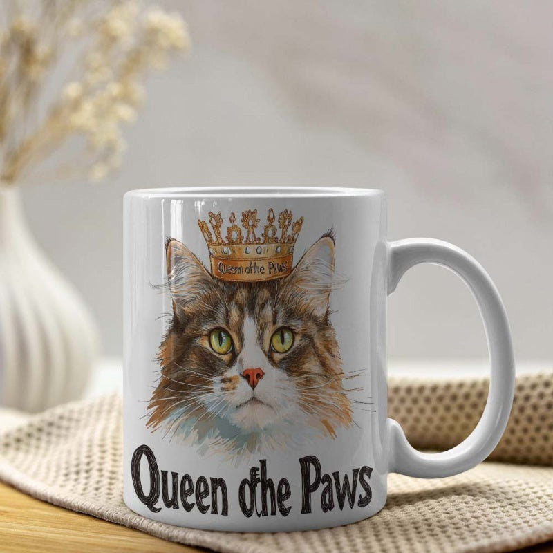 Tailorly White Ceramic 11 oz Mug - Queen Of The Paws Regal Longhaired Cat Wearing Golden Crown Among Elegant Decorative Details Cat