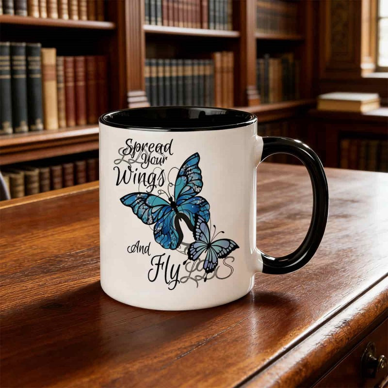 Tailorly Black Accent 11 oz Mug - blue floral， quote