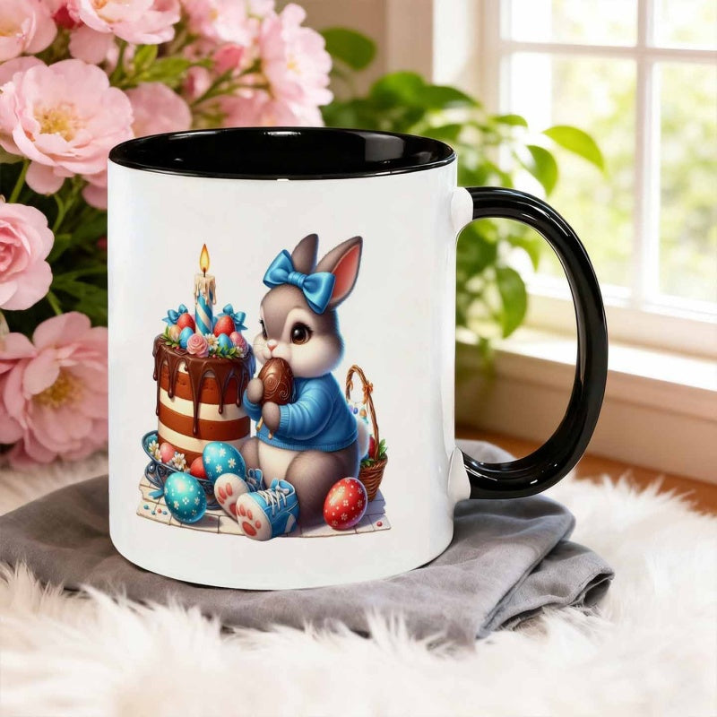Tailorly Black Accent 11 oz Mug - realistic rabbit holding egg cake
