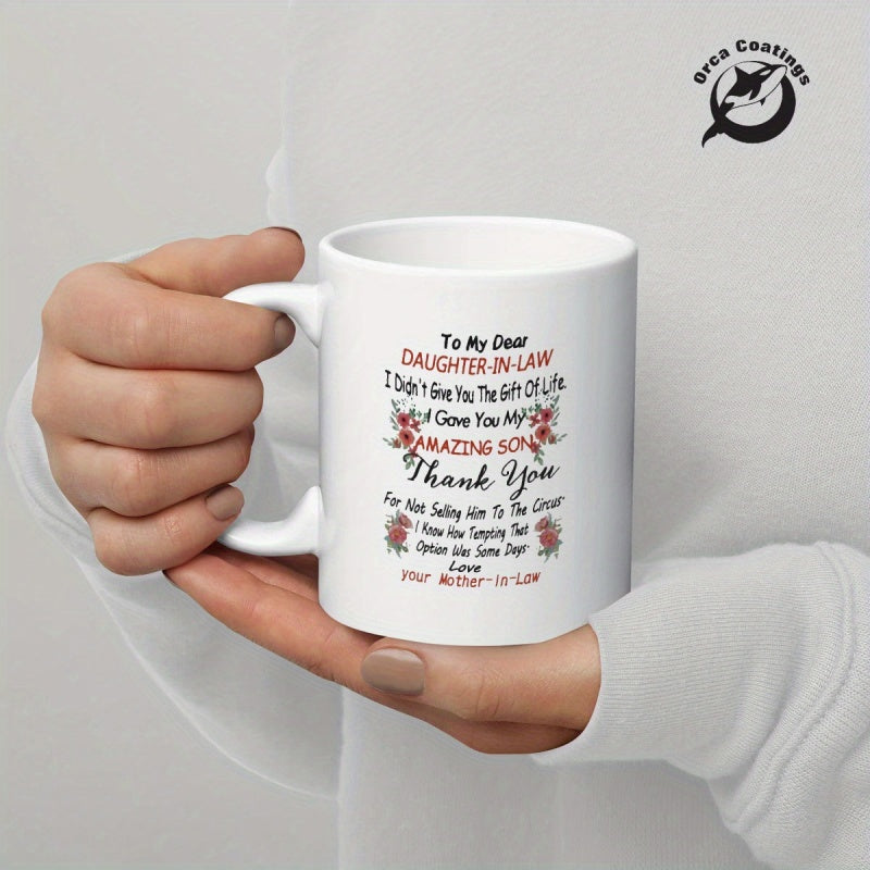 Tailorly White Ceramic 11 oz Mug - To My Dear Daughter In Law Heartfelt Script Message Decorated With Elegant Red Floral Blooms And Leaves Roses