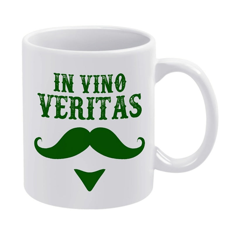 Tailorly White Ceramic 11 oz Mug - In Vino Veritas Vintage Style Green Handlebar Design With Classic Sharp Pointed Soul Patch Mustache