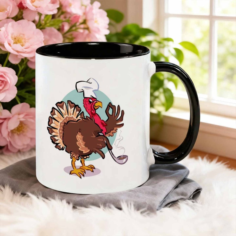 Tailorly Black Accent 11 oz Mug - cartoon funny style turkey dressed as chef