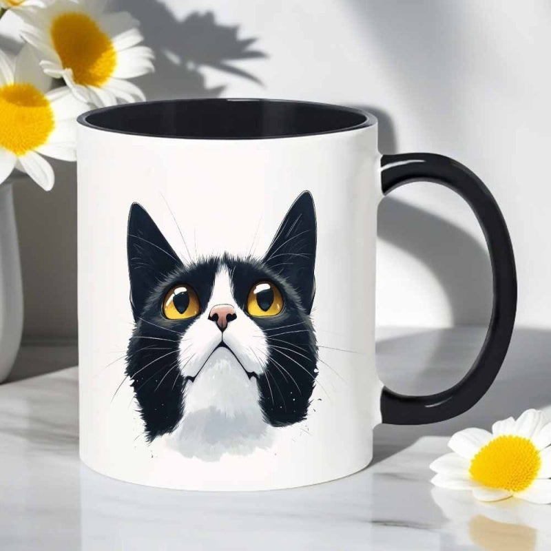Tailorly Black Accent 11 oz Mug - black and white cat with yellow eyes cartoon illustration