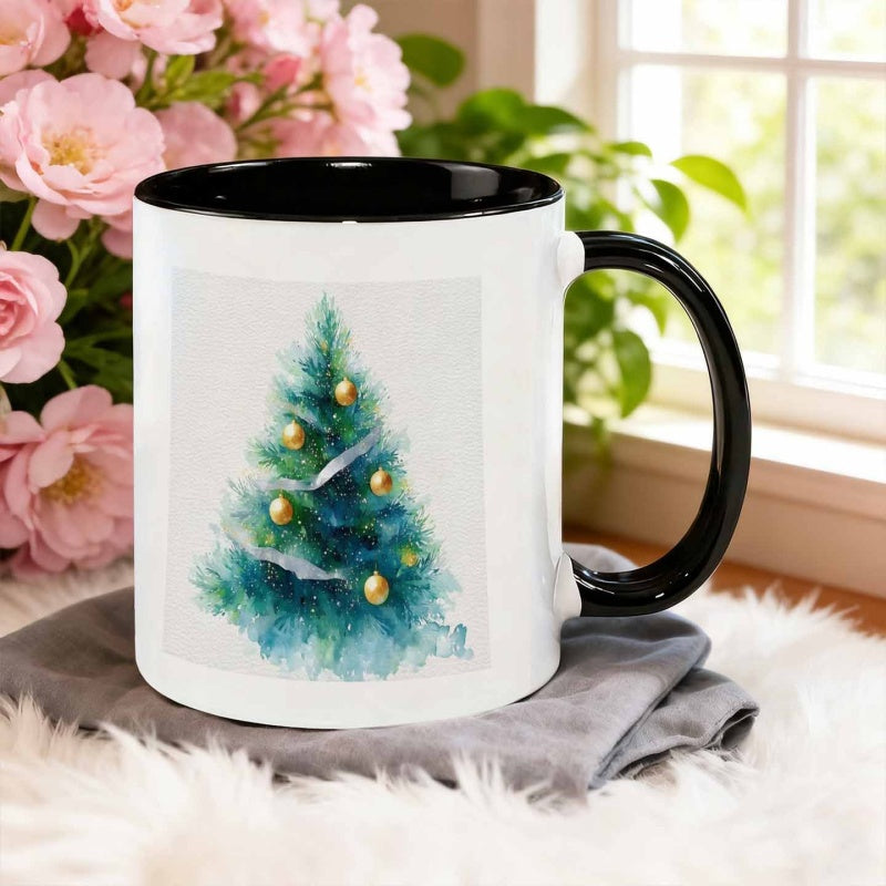 Tailorly Black Accent 11 oz Mug - watercolor style christmas tree with golden ornaments